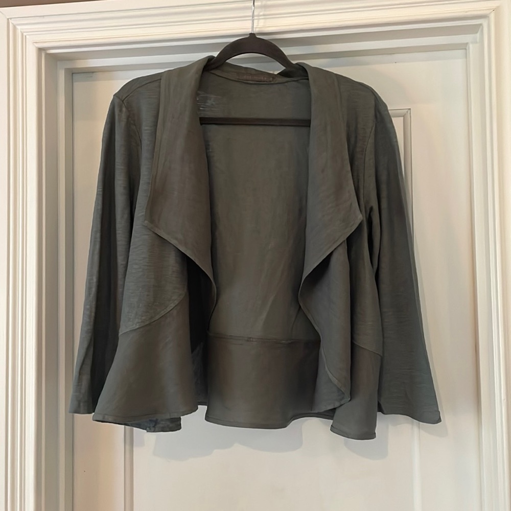 Open, short linen and cotton (stretch) dress jacket- gray-green